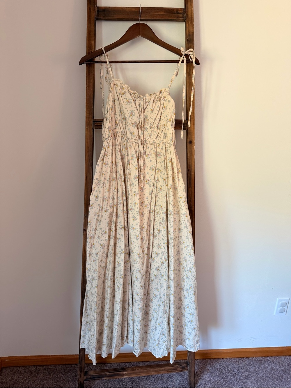 Floral Cream Maxi Dress with Tie-Strap Details
